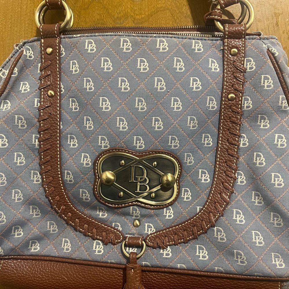 Dooney & Bourke Blue and Brown Shoulder Bag with Leather Trim